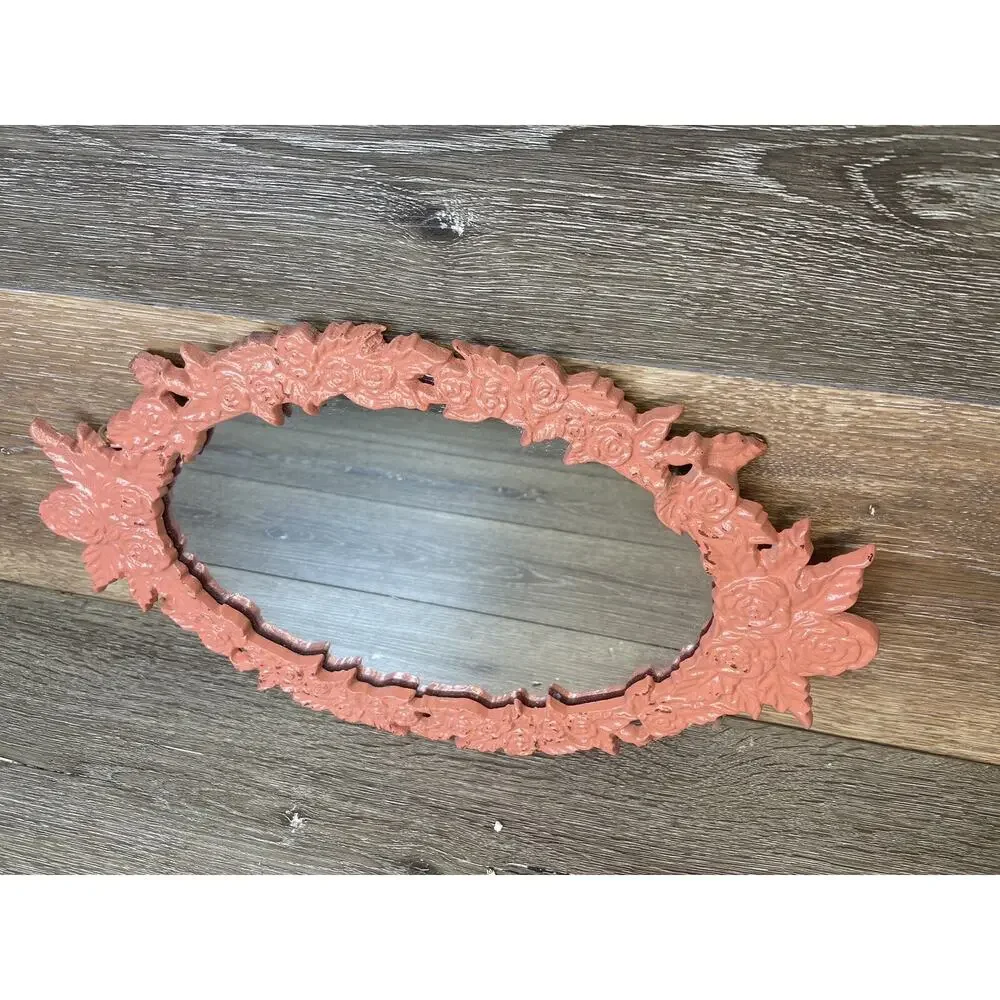 Vintage Oval Ornate Cast Metal Wall Hanging Mirror 16x9” Pink